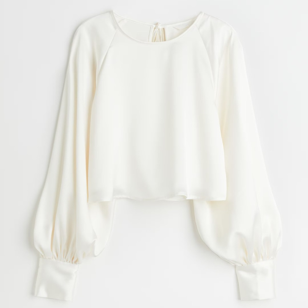 H&M white satin bishop sleeve crop top